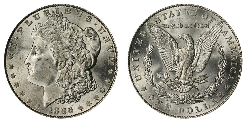 1886 Morgan silver dollar obverse and reverse, Philadelphia Mint, showing Liberty portrait and eagle