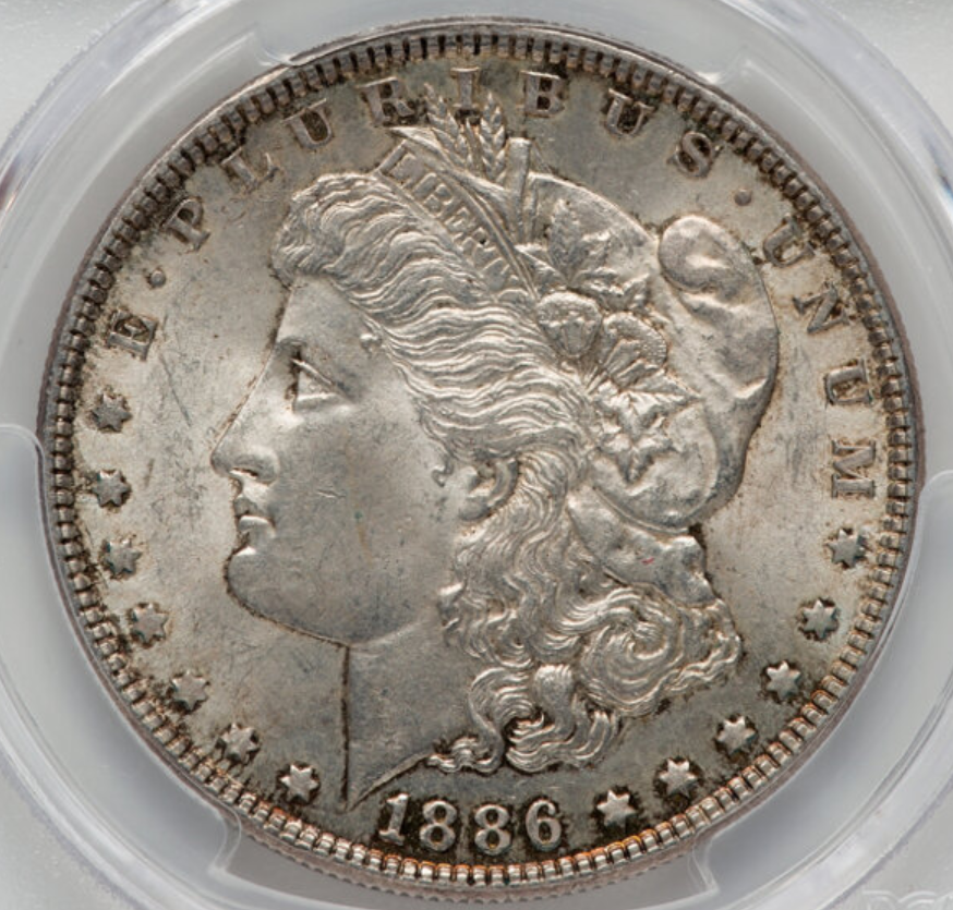 Macro close-up of 1886 Morgan dollar VAM-20 Doubled Date showing secondary digit punching below primary '1' and inside '6'