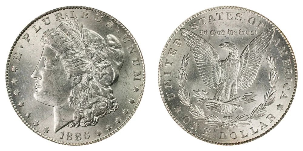 1886-O Morgan silver dollar from New Orleans Mint showing 'O' mint mark and conditionally rare status in Mint State grades