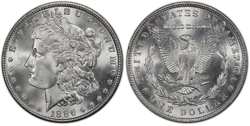 Close-up of 1886 Morgan dollar date showing VAM-1A 'Line in 6' die gouge — horizontal line through upper loop of the '6'