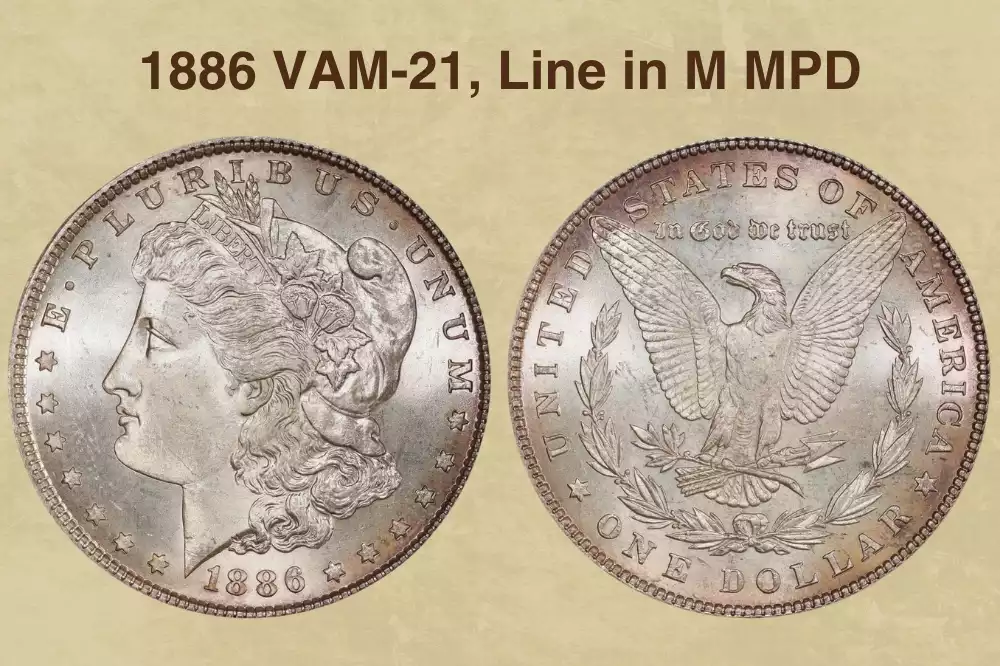 Macro of 1886 Morgan dollar reverse showing VAM-21 Misplaced Date diagnostic — raised diagonal line through the 'M' in UNUM caused by displaced date punch digit